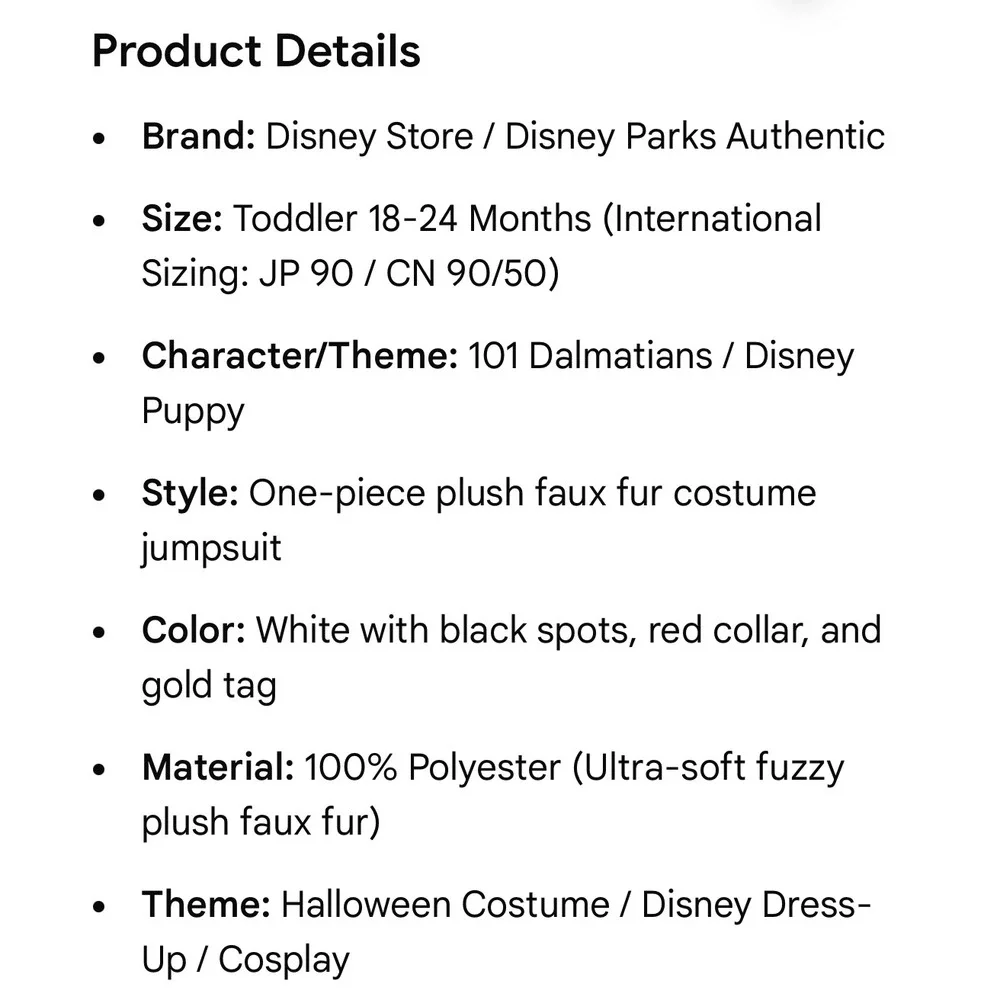 Disney Parks 101 Dalmatians Costume Toddler 18 24 Months Plush Halloween